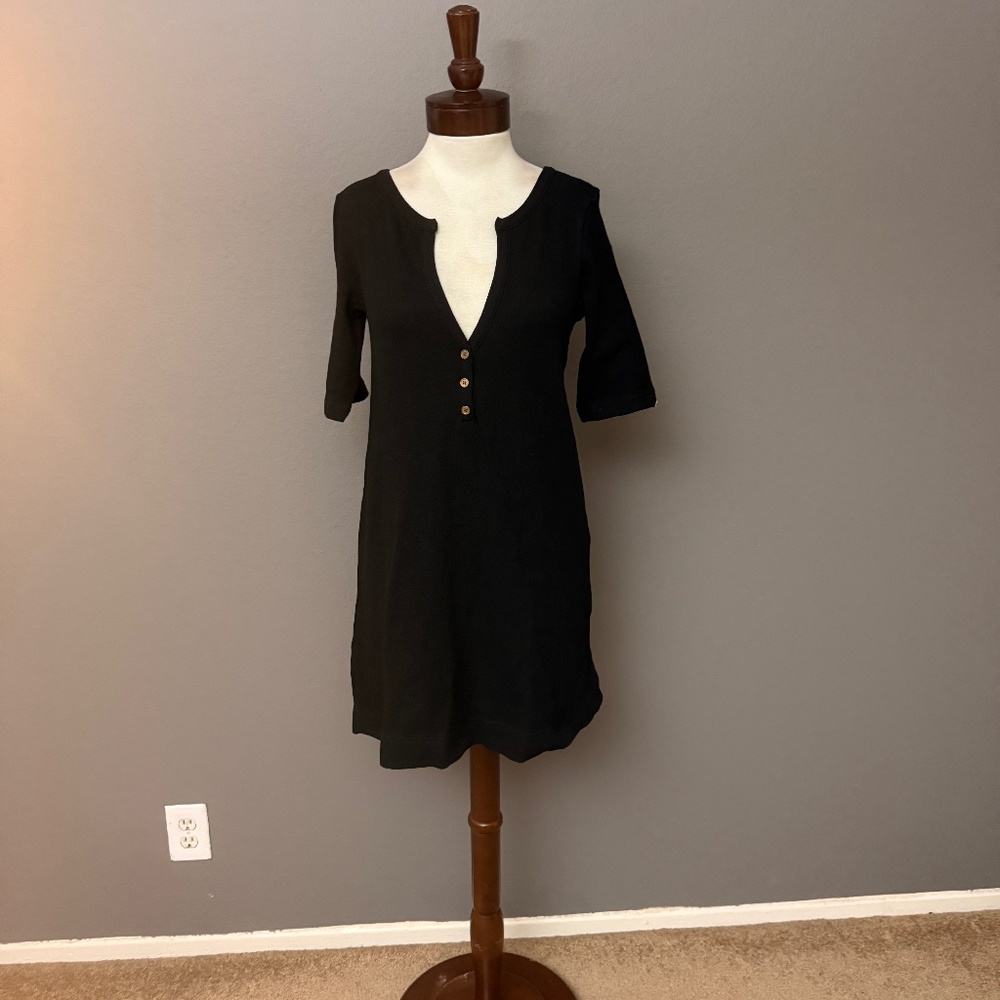 Natural Life NWT Black V neck Button Casual Boho 3/4 sleeve Mini Dress Sz M